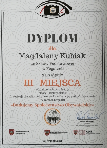 Dyplom dla Magdaleny Kubiak